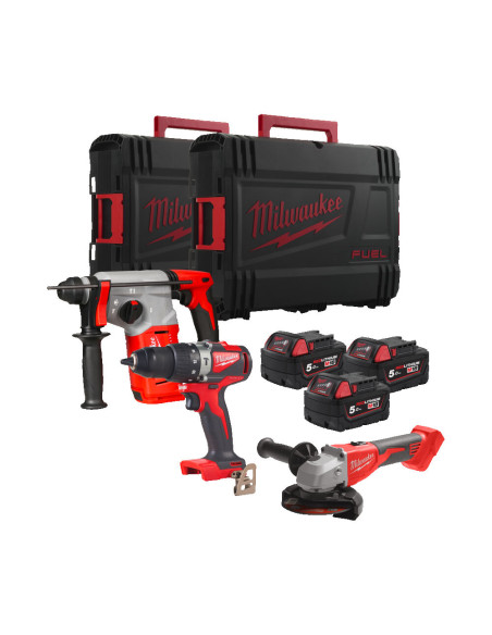 Powerpack Milwaukee M18 FPP3AG-503X Taladro M18 BLP2 + Amoladora M18 BLSAG125X + Martillo M18 BLH - Imagen 1